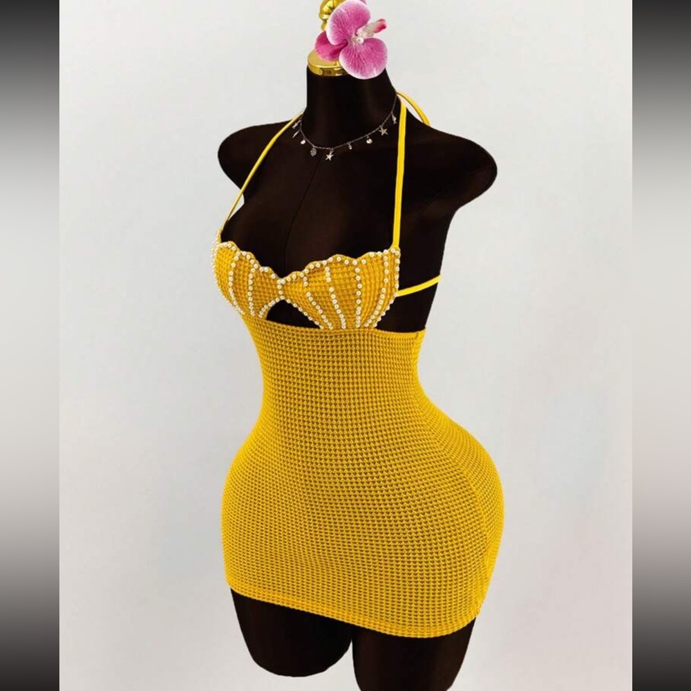 Yellow Halter Mini Dress with Beaded Top